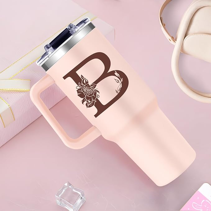 Monogrammed 40oz Tumbler with Handle for Women, Personalized Birthday Gifts for Women,Initial Cups for Woman Pink Letter B,Customized Gifts for Female Lady Gift for Mothers Day Christmas - Bloomnest