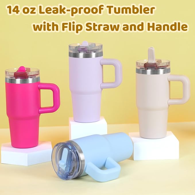 14 oz Tumbler for kids with Detachable Flip Straw Lid and handle, 100% Leak Proof 14 oz mini cup, Stainless Steel Vacuum Insulated Tumbler, Wide Mouth Easy to Clean, Keep Cold or Hot (Black) - Bloomnest