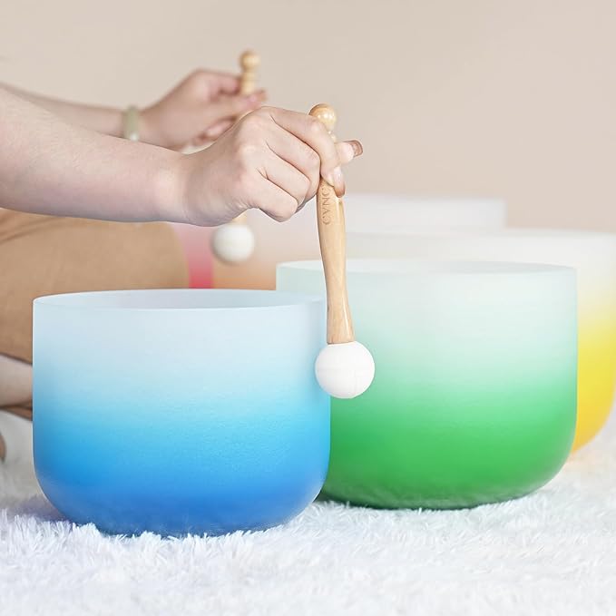 CVNC 432HZ 6-12 Inch Set of 7 PCS Aria Gradient Design Frosted Quartz Crystal Singing Bowls with 2 PCS Carry Case Bag for Sound Healing and Therapy Meditation - Bloomnest