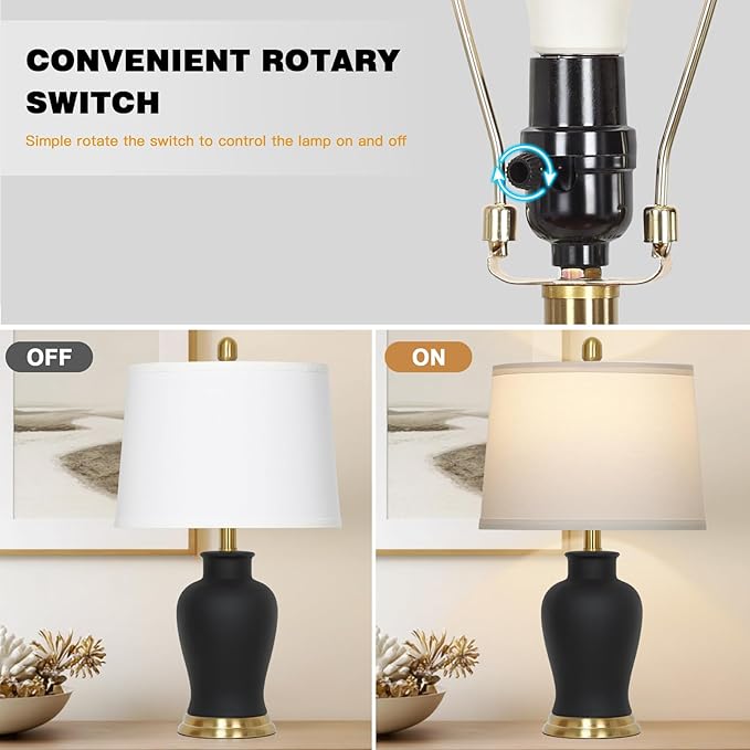 23" Modern Black Ceramic Table Lamps Set of 2, Farmhouse Table Lamps for Living Room, Classic Bedside Lamp with Ginger Jar Design, Elegant Bedroom Lamp for Night stand Desk Side End Table Home Decor - Bloomnest