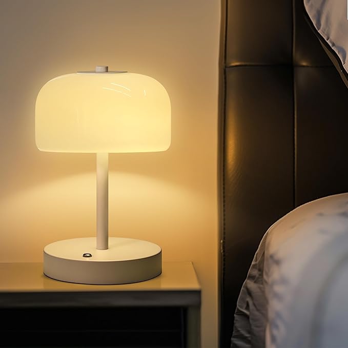 Oneach Portable Cordless Table Lamp, Rechargeable Battery Powered Lamp with Opal Glass Shade, 3-Way Dimmable LED Touch Mushroom Table Lamps for Bedroom, Bedside, Living Room, Dining Room, Patio, White - Bloomnest