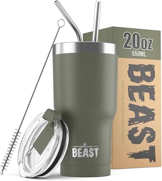 Beast 20 oz Tumbler Stainless Steel Vacuum Insulated Coffee Ice Cup Double Wall Travel Flask (Army Green) - Bloomnest