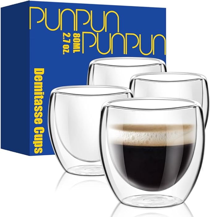 PunPun Glass Cups 2.7oz. 80ml Espresso Coffee Cups, Demitasse Cups Double Walled Clear Insulated,Shot Glass Set of 4 - Bloomnest