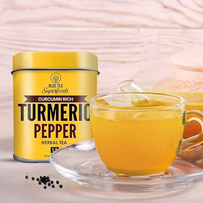 BLUE TEA - Turmeric Tea - Pepper - 15 Count - Pyramid Plant Based Tea Bag | CURCUMIN RICH - HERBAL BLEND | Caffeine Free - Gluten Free - Herbal Tea - Earthy Flavor - Healthy | Tin Pack - Bloomnest