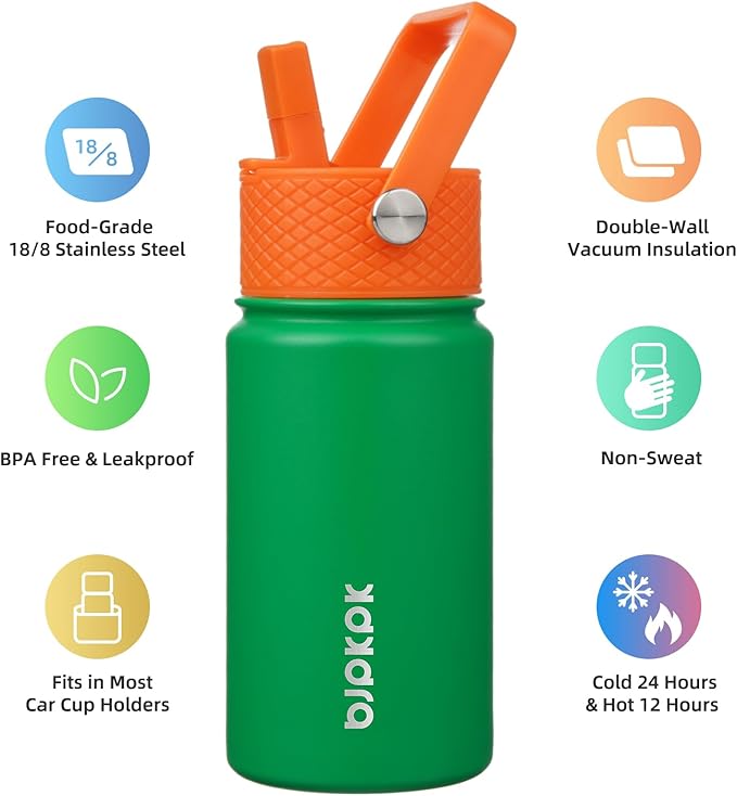 BJPKPK Insulated Water Bottle with Straw Lid, 15 oz Stainless Steel Metal Water Bottles, Reusable Leak Proof BPA Free Thermo, Flask, Cups - Macaron Matcha - Bloomnest