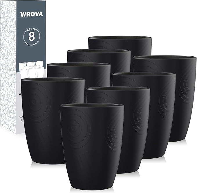 Wheat Straw Cups 8 PCS Good Alternative to Plastic Reusable Cups 12 oz Unbreakable Drinking Cup Reusable Dishwasher Safe Water Plastic Glasses Pure Black - Bloomnest