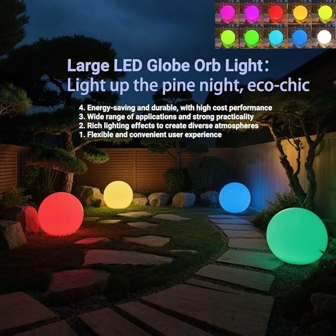 50CM/20-inch Large LED Globe Orb Light, Rechargeable LED Ball Light, Dimmable 16 RGB Colors Globe Floor Lamp w/Remote, Indoor/Outdoor Waterproof Glowing Orb Mood Lamp for Home Garden Patio Party - Bloomnest