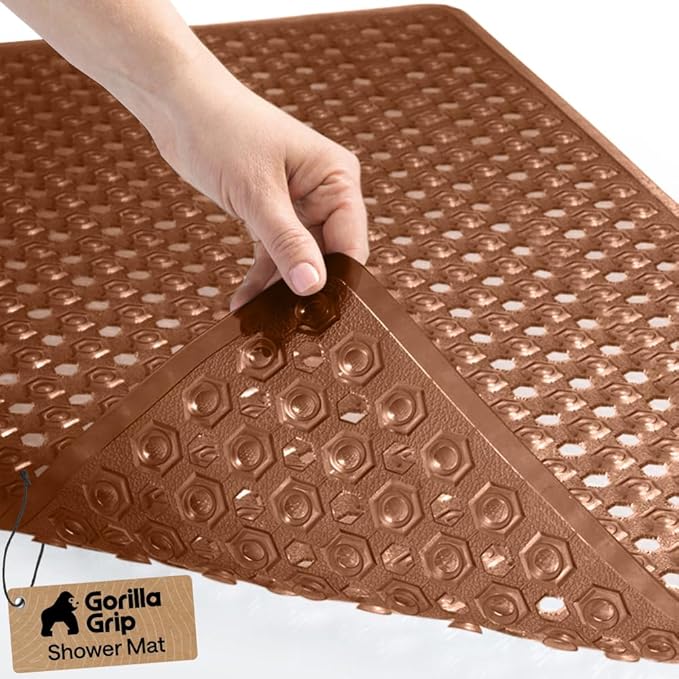 GORILLA GRIP Patented Bath Tub Shower Mat, Machine Washable Bathtub Floor Liner Mats, Suction Cups and Drain Holes to Keep Tubs Clean, Soft on Feet, Bathroom Essentials, 35x16 Inch, Brown - Bloomnest