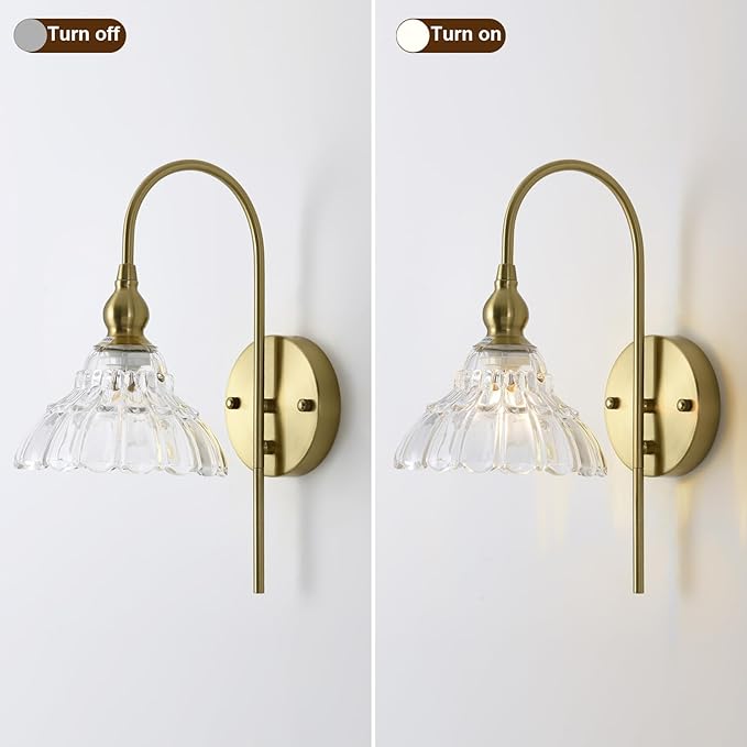 Vintage Wall Sconces with Clear Flower Glass Lampshade, Indoor Bath-Room Wall Sconce, Modern Gold Industrial Lighting Fixture for Mirror Living Room Hallway 1 Pack - Bloomnest