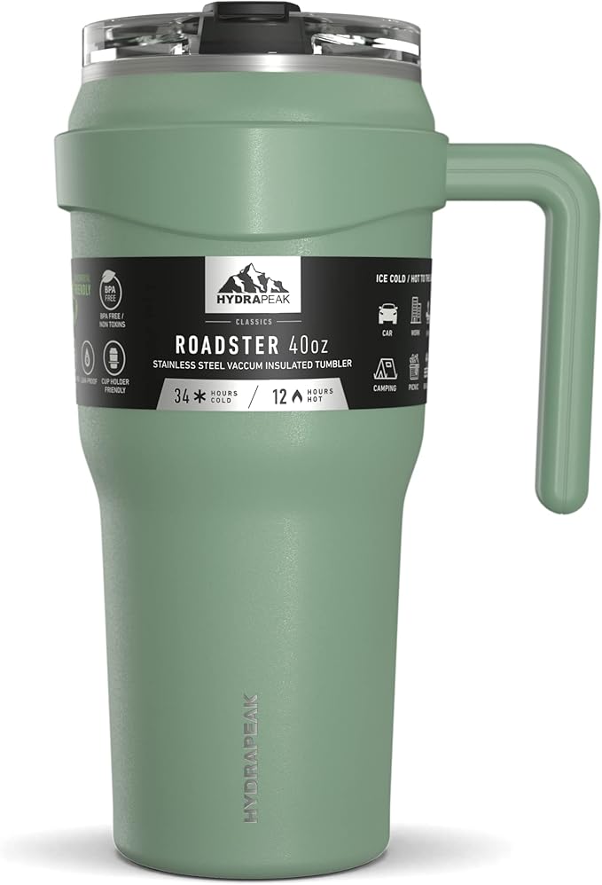 Hydrapeak Roadster 40oz Stainless Steel Tumbler Double Wall Vacuum Insulated Water Bottle With Handle And 2 in 1 Straw Lid (Sage) - Bloomnest
