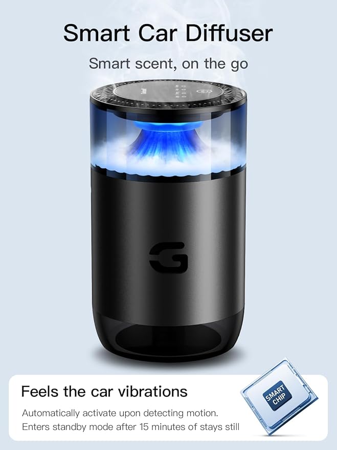 Smart Car Air Freshener Diffuser, Waterless Essential Oil Diffuser with 4 Modes, 4 Scent Refills, Auto On/Off, USB - C Rechargeable Wireless, Ambient Light for Home/Car Use (5502-Black) - Bloomnest