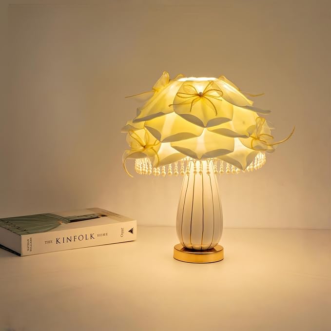 White Flower Girls Table Lamp Modern Princess Desk Lamp Cute Bow Bedside Lamp Nordic Nightstand Petal Light for Bedroom Valentines Dating Wedding Living Room Entry Office Study Room - Bloomnest