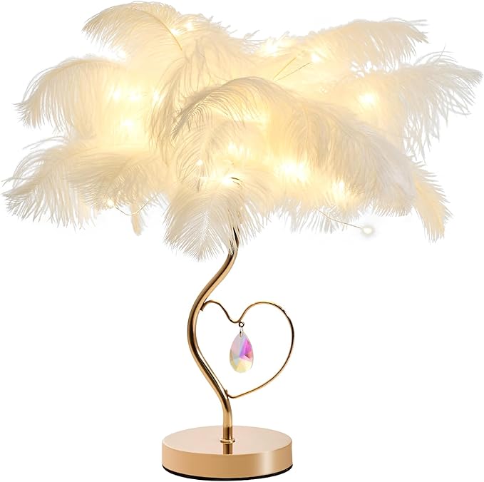 White Ostrich Feather Lamp Princess Fluffy Bedside Lamp Romantic Feather Table Lamp Nightstand Light for Girl Bedroom Wedding Decor Valentine Dating Living Room Hotel Office - Bloomnest