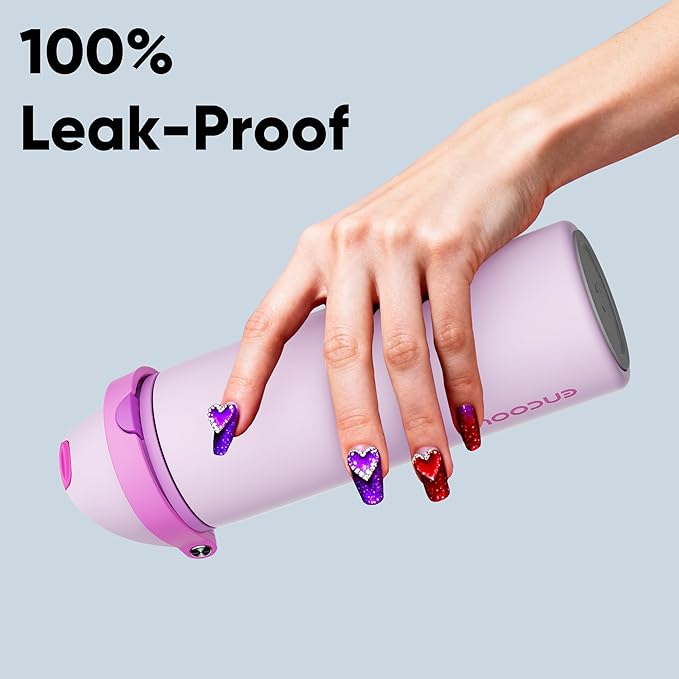 Insulated Water Bottle with Straw - Encool Stainless Steel Water Bottle with Push Button Lid, Leak-Proof & BPA-Free, Keeps Cold for 24 Hours for Sports, Travel, Gym (24 oz, Thistle-Fuchsia) ENCOOL