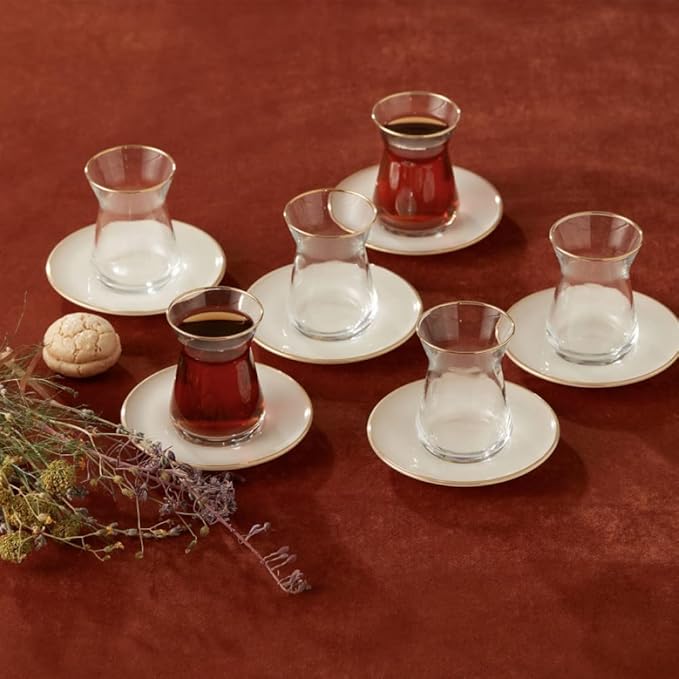 KARACA Retro Beige 6 Person Tea Set - 12 Piece Turkish Tea Cups and Saucers, Turkish Tea Glasses Set with Gold Decal Details - Bloomnest
