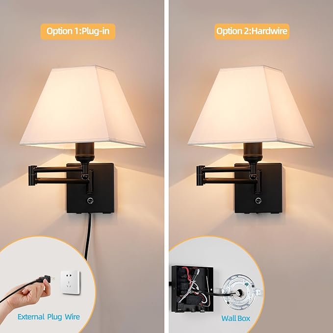 Swinging arm Wall lamp, Fabric lampshade, with Plug and dimming Rotary Switch, USB and Type-C Charging Port, Suitable for Bedside, Living Room, Hotel and Bedroom Wall Lamps - Bloomnest