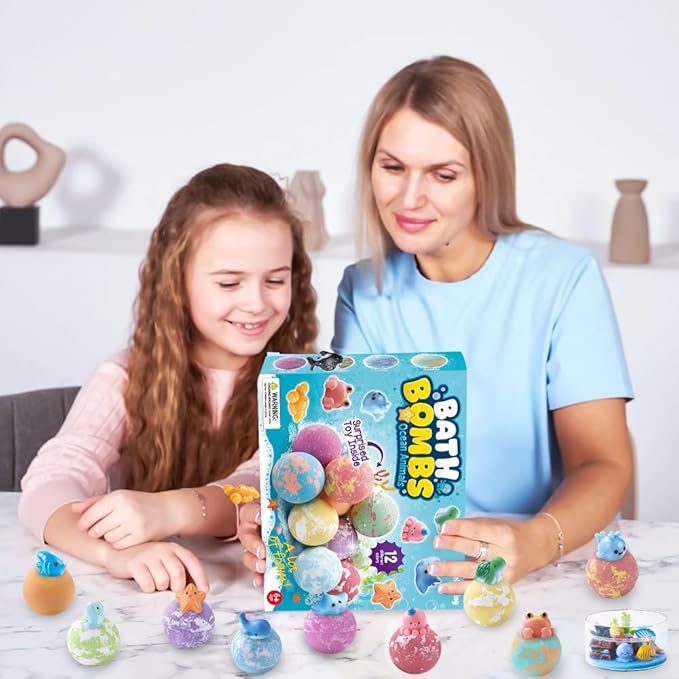 12Pack Ocean Animals Bath Bombs for Kids with Toys Surprised Inside, Organic Natural Bubble Bath Fizzy More Decorations for DIY Fish Tank Birthday Ideal Set for Girls Boys Toddlers - Bloomnest