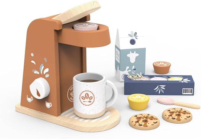 SPEEDY MONKEY Wooden Kids Coffee Machine Playset – FSC Certified Pretend Play Espresso Maker, Barista Role Play Café Set Toy for Toddlers, Boys & Girls, Coffee Grinder with Cups & Kitchen Accessories - Bloomnest