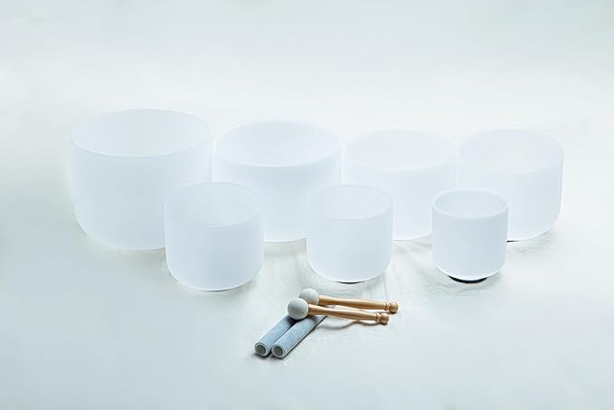 Leize Crystal Singing Bowl with Carrying Case, White, Set of 7 size 6-12" A-G Note 432 hz - Bloomnest