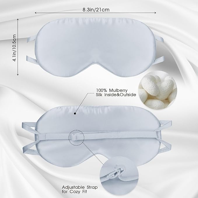 Silk Eye Mask for Sleep with Adjustable Strap for Women/Men/Adults Large 100% Mulberry Silk Sleeping Mask for Travel/Plane/Side Sleeper,Light Blue - Bloomnest
