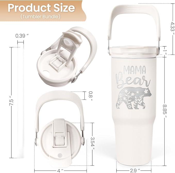 Mom Tumbler 30oz, Mama Bear Tumbler Stainless Steel Insulated Coffee Travel Mug with Handle & Flip Straw Lid, Gifts for Mommy, Presents for Mom for Christmas Birthday Mothers Day Valentines - Bloomnest