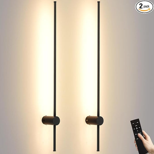 LED Wireless Wall Sconce with Remote Control, Dimmable/350° Rotate/Timing/USB Rechargeable Battery Powered Indoor Wall Lamps, 39.9 inch Black Wall Lights Set of Two for Hallway, Living Room, Bedroom - Bloomnest