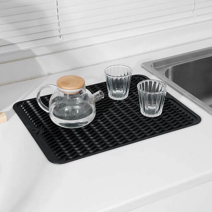 Silicone Dish Drying Mat for Multiple Usage,Easy clean,Eco-friendly,Heat-resistant Silicone Mat for Kitchen Counter or Sink,Refrigerator or drawer liner Black L 16 inches x 12 inches - Bloomnest