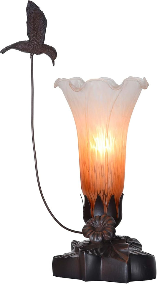 Bieye LL01 Hummingbird Flying Over Lily Flower Blown Glass Table Lamp for Home Decor (Orange White, 4.25Wx12H)