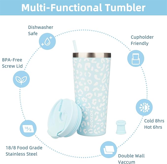 BJPKPK 22oz Tumbler With lid And Straw Stainless Steel Travel Coffee Mug Insulated Tumblers Cups,Light Blue Leopard - Bloomnest