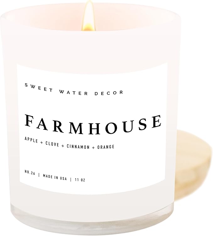 Sweet Water Decor Farmhouse Candle | Autumn, Cinnamon, and Nutmeg, Fall Scented Soy Candles for Home | 11oz White Glass + Wood Lid, 50+ Hour Burn Time, Made in The USA - Bloomnest