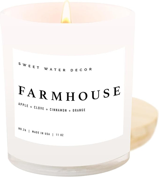 Sweet Water Decor Farmhouse Candle | Autumn, Cinnamon, and Nutmeg, Fall Scented Soy Candles for Home | 11oz White Glass + Wood Lid, 50+ Hour Burn Time, Made in The USA - Bloomnest