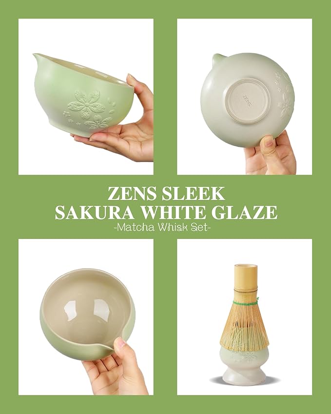 ZENS Matcha Whisk Set, Ceramic Matcha Tea Set with 15oz Sakura Bowl and Bamboo Whisk & Scoop, (Chasen Holder), Stainless Sifter-Tea Towel, 6pcs Matcha Kit for Matcha Lovers, Green - Bloomnest