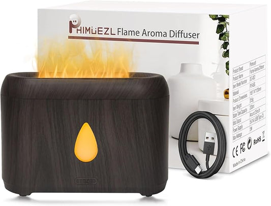 Flame Diffuser for Essential Oils, 200ml Ultrasonic Aroma Diffusers with Cool Mist, Aromatherapy Diffuser with Auto-Off Protection (Dark Wooden Grain, Unscented) - Bloomnest