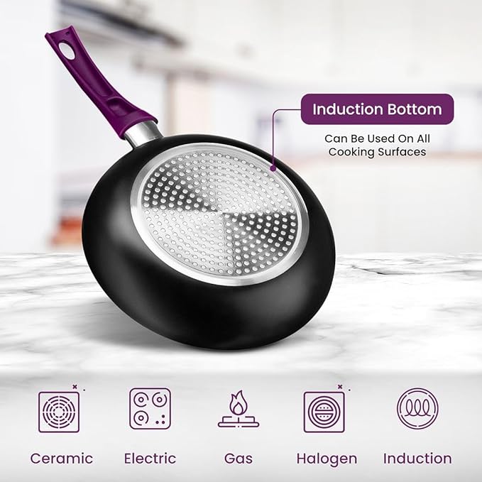 Chef’s Star Aluminum Pots and Pans Set for Kitchen - Nonstick Stackable Induction Cookware, 11 Pcs, Purple - Bloomnest