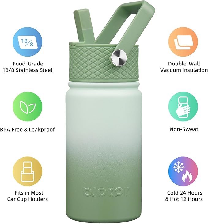 BJPKPK Insulated Water Bottle with Straw Lid, 15oz Cute Water Bottles, Stainless Steel Metal Thermo, Reusable BPA Free Leak Proof Tumblers, Cups,Forest Green - Bloomnest
