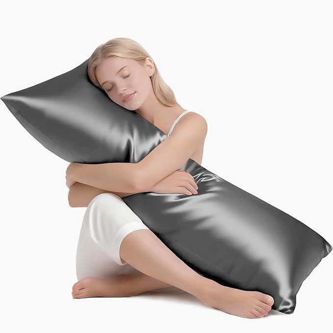 MR&HM Satin Body Pillow Cover, Soft and Breathable Body Pillow Case with Envelope Closure, Cooling and Silky Long Pillowcase for Hair and Skin,Grey (20x54, Dark Grey) - Bloomnest