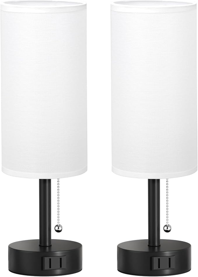 Fenmzee White Bedside Table Lamps Set of 2-3 Color Temperatures Pull Chain Lamp with AC Outlet Charging Port, Round Night Stand Lamps for Bedroom Office, Small Bed Side Light with E26 LED Bulbs - Bloomnest