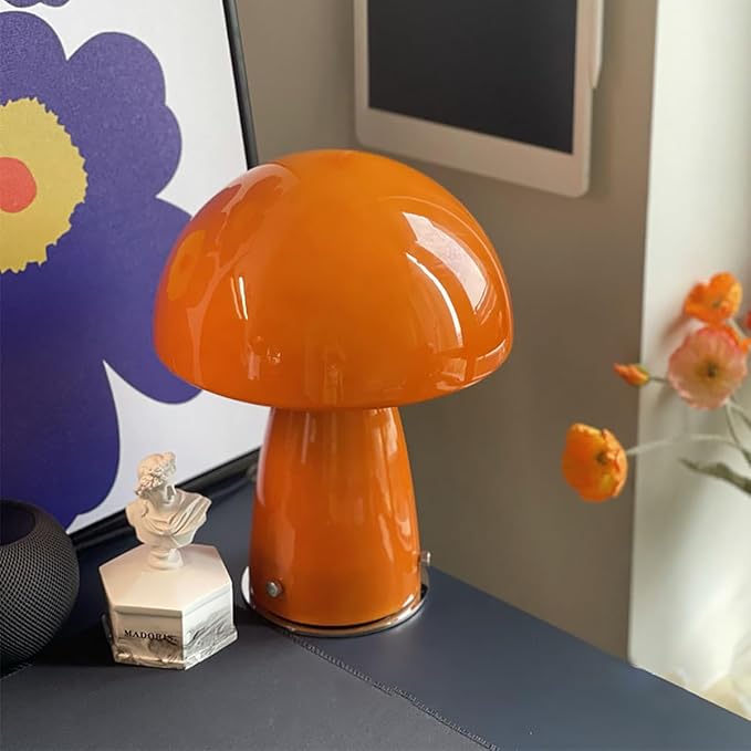 Cute Mushroom Lamp with Glass Lampshade,Small Orange Table Light,Dimmable Led Bedside Lamp,Mid Century Modern Desk Light for Living Room Bedroom - Bloomnest
