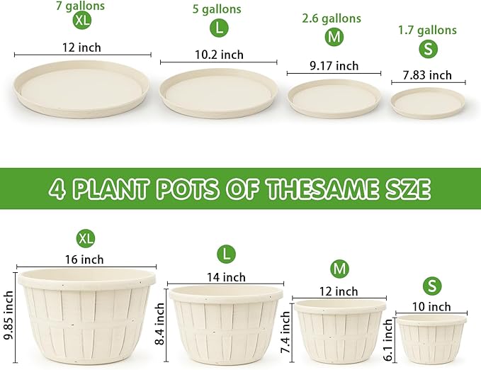 Quarut Plant Planters Pots Set of 4 Pack 16 Inch，Large Plastic Flower Pot for Indoor Plants with Drainage Holes & Trays, Whiskey Barrel Planters with Saucer for House Outdoor Garden Plant（White） - Bloomnest