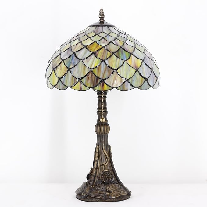 Tiffany Stained Glass Table Lamp 12X12X19 Inch Brown Fish Scales Style Desk Bedroom Living Room Reading Light(Brown Fish Scales) - Bloomnest