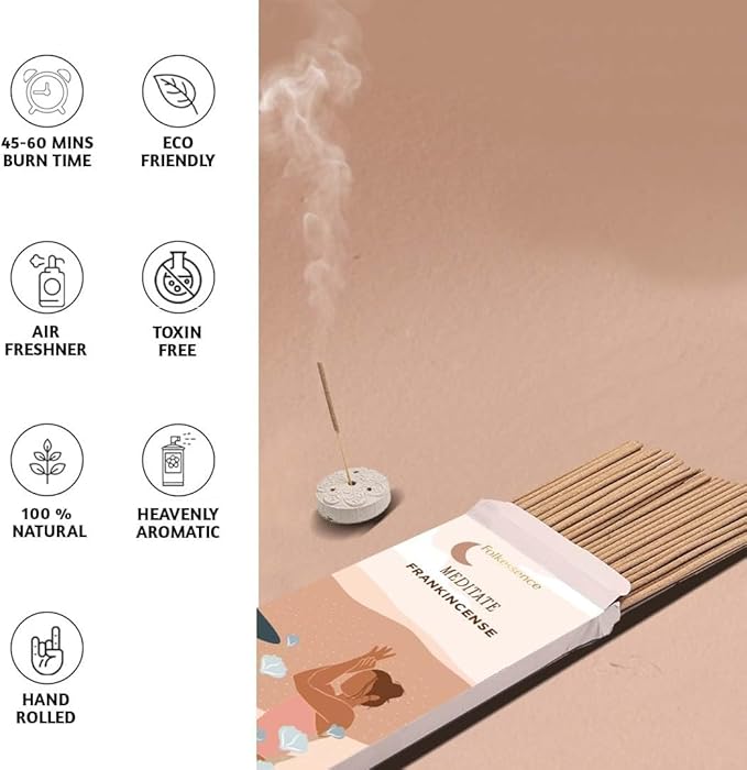 Folkulture Incense Sticks with Holder (100 Sticks)| Frankincense Incents Stick for Meditation, Relaxation, Gifts | No Charcoal,Organic,Non Toxic, 45 Mins, Slow Burning Insence-Sticks - Yoga Inspired FOLKULTURE