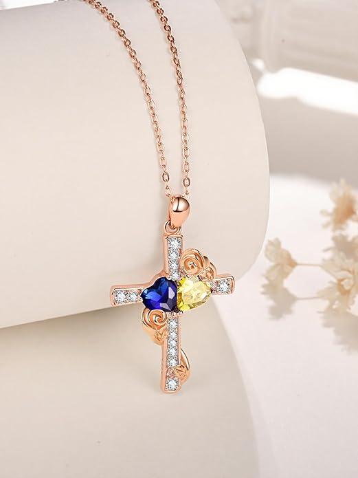 Rose Gold Dual Birthstones Cross Necklace for Women Rose Flower Jewelry Anniversary Christmas Mother's Valentine's Day Birthday Gift for Wife Girlfriend Mom - Bloomnest