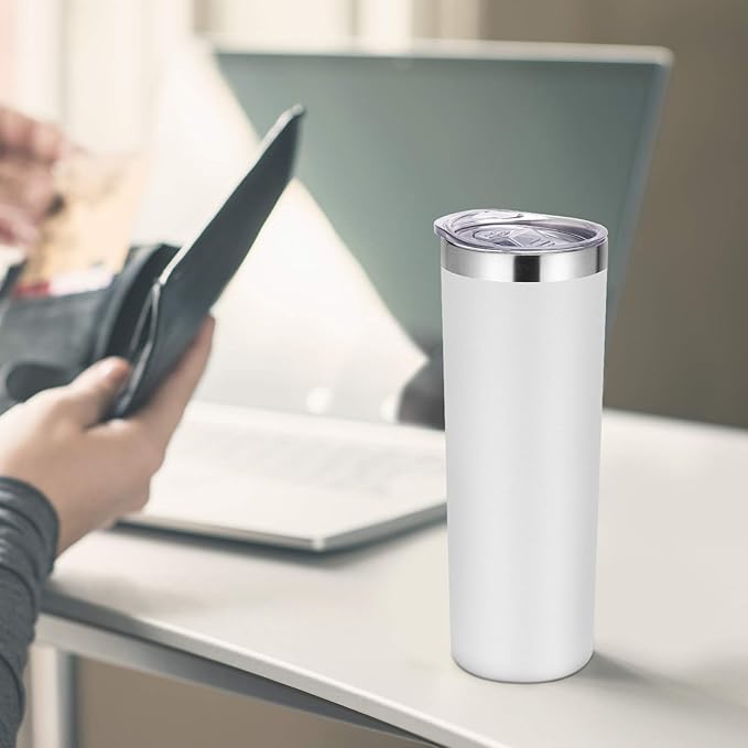 VEGOND Stainless Steel Skinny Tumbler, 20 oz Vacuum Insulated Tumbler with Lid and Straw, Double Wall Coffee Cup, Travel Mug for Cold Hot Drinks, White 1 Pack - Bloomnest