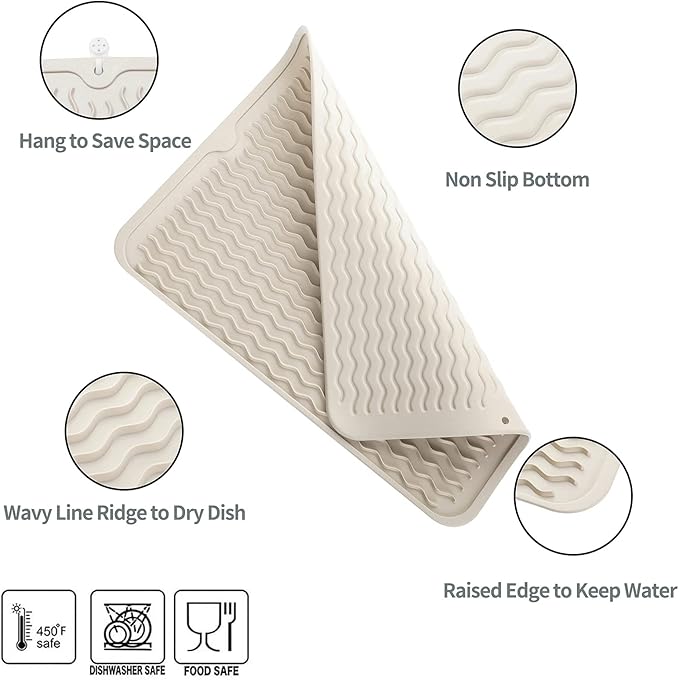 Silicone Dish Drying Mat for Multiple Usage,Easy clean,Eco-friendly,Heat-resistant Silicone Mat for Kitchen Counter or Sink,Refrigerator or drawer liner Tapioca L 16 inches x 12 inches - Bloomnest