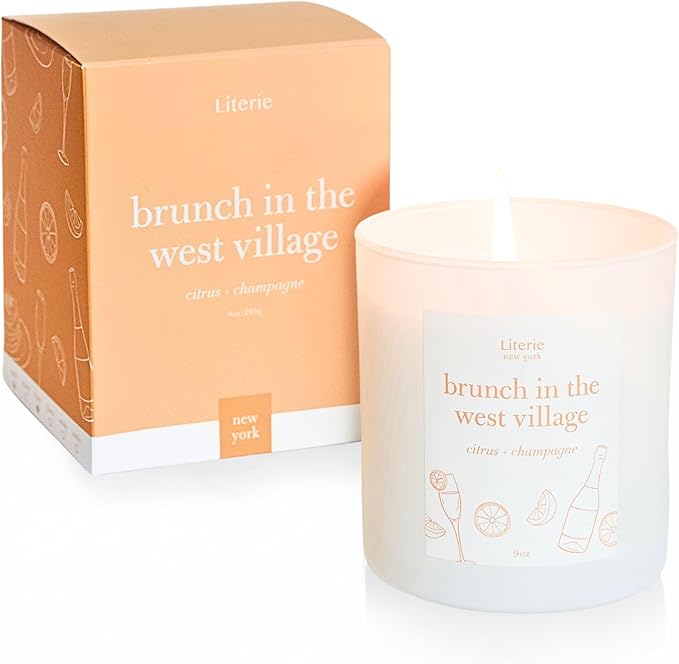 Literie NYC Inspired Scented Candle: Brunch in The West Village - Citrus & Champagne, 9oz, 50 Hour Burn, Vegan Soy & Coconut Blend Candle for Home Decor, Gift for Women & Men - Bloomnest