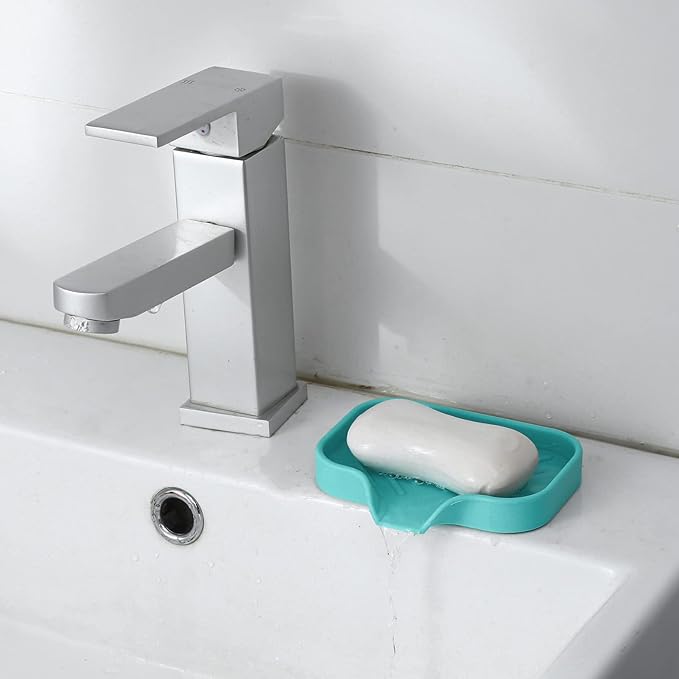 Silicone Bathroom Soap Dishes with Drain Spout-Bathroom and Kitchen Sink Organizer,Sponge Holder,Dish Soap Tray,Perfect for Dispenser,Scrubber,Bottle,Cup on Sink or Counter-Mint 4.9"×3.2" - Bloomnest