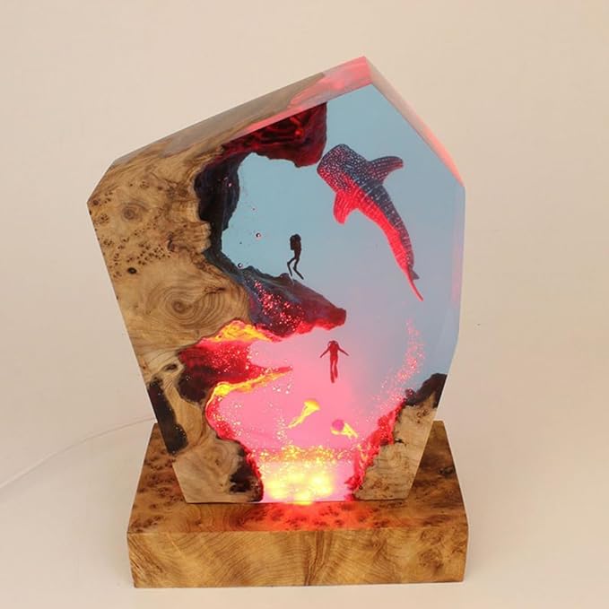 Whale Shark Ocean Resin Lamp, Handmade Wooden Table Resin Night Light, USB Port Art Ornaments for Home Office Decor, Scuba Diver Gifts for Birthday Holiday, Valentine's Day Gifts for Husband - Bloomnest