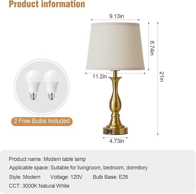 Bedside Table Lamp Touch Control Bedroom Lamps with USB A and C Charging Port 3 Way Dimmable Touch Lamps for Nightstand Living Room Bedroom Dorm Home Office Reading, Set of 2 - Bloomnest