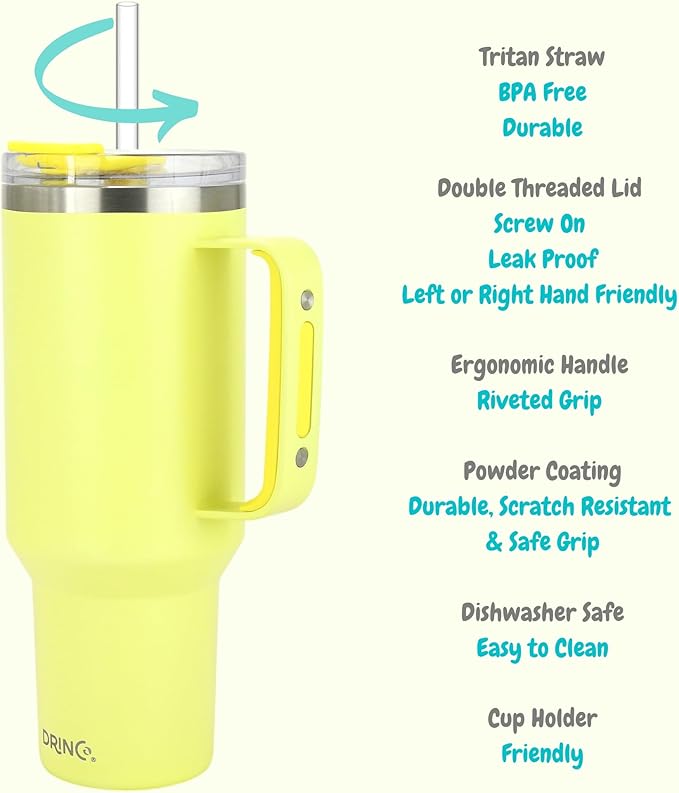 Drinco 40oz 30 oz Tumbler with Handle, Straw Lid, Insulated Stainless Steel Travel Mug Water Bottle Ice Coffee Cup For Cold and Hot, BigSur (30oz Lemon)