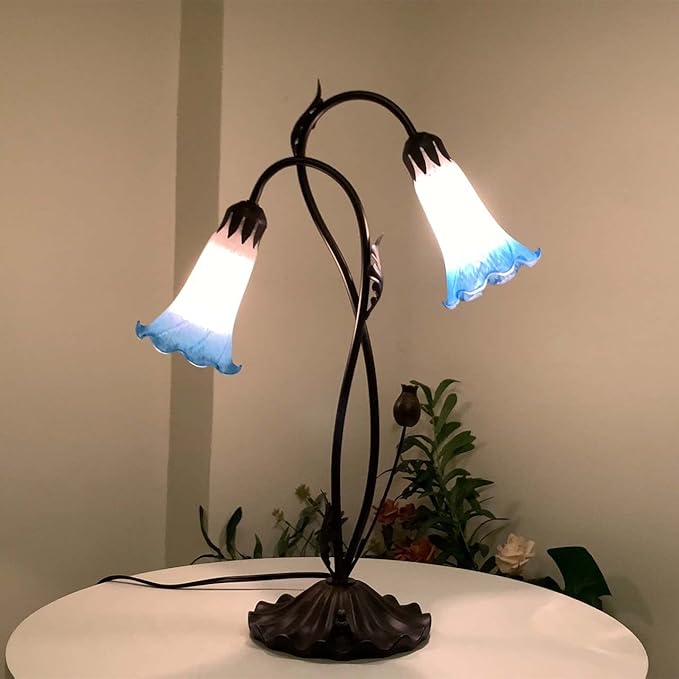 Bieye L10853 Lily Flower Blown Glass Accent Table Lamp for Living Room Bedroom Decoration (2-Light, Blue) - Bloomnest